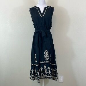 Soft Surroundings black embroidered belted ruffle midi dress size PL